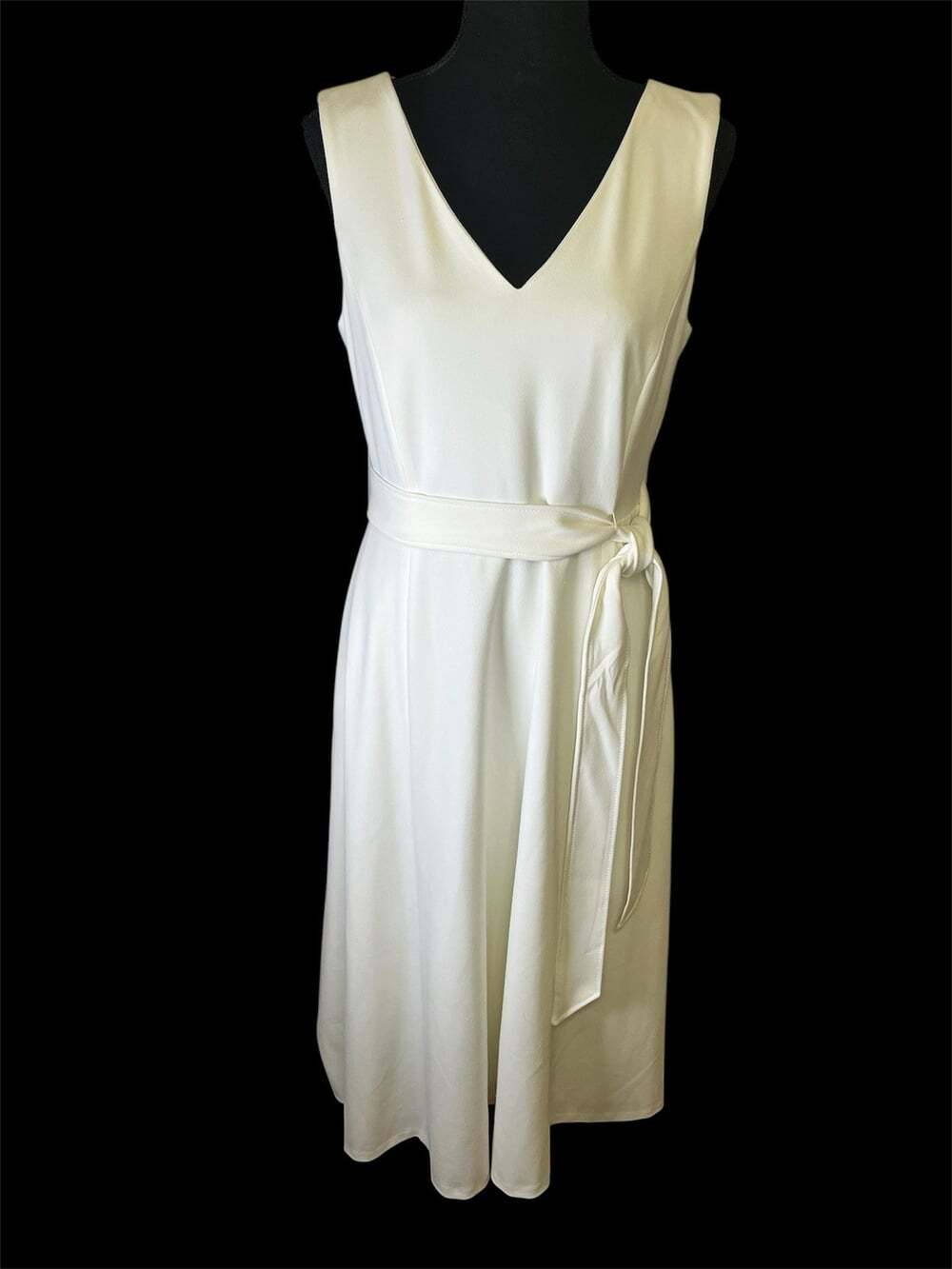 Calvin Klein V-Neck Sleeveless Belted Midi Dress Ivory Sz 8 Classic A Line Lined